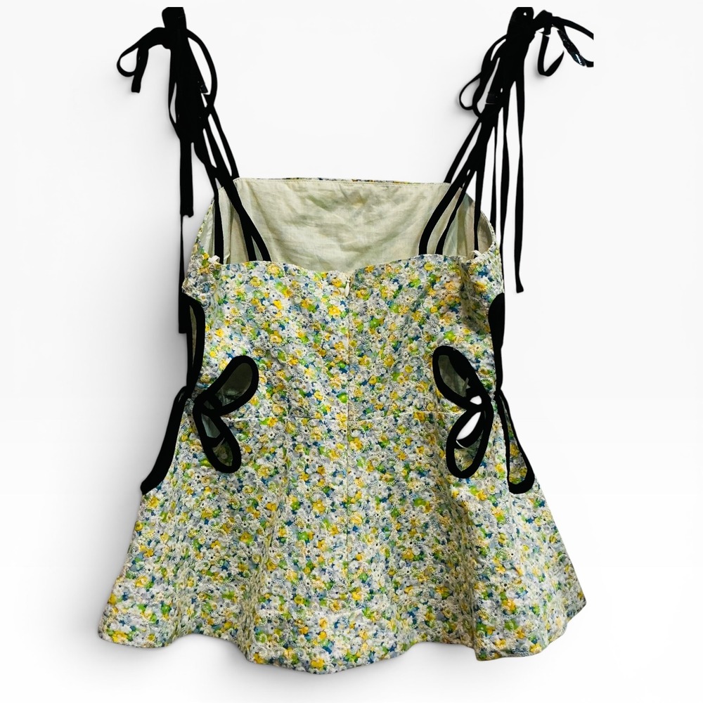 NWT English Factory Floral Eyelet Peplum Top XS Yellow Blue Side Cutouts - Picture 2 of 4